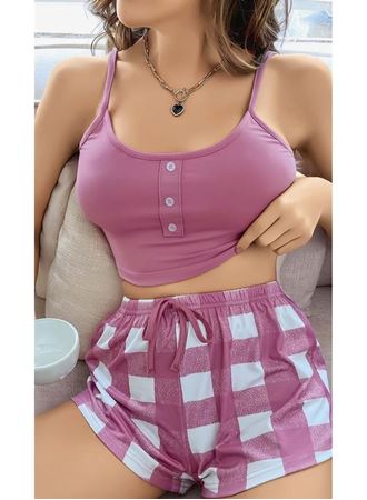 Pembe Kareli Desenli Askılı Şortlu Pijama Takım