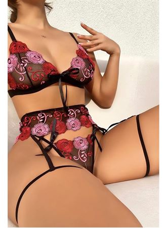 Gül Desenli Fantezi Sütyen Külot Takım