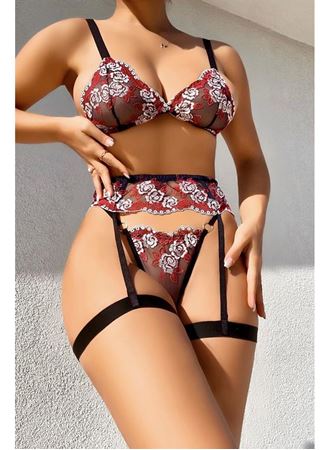 Fantezi Bacak Bantlı Çiçek Desenli Sütyen Külot Takım