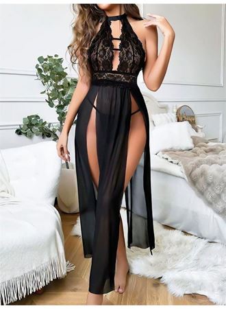 Siyah Uzun Derin Dekolteli Dantel Fantezi Gecelik