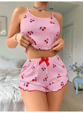 Pembe Kiraz Desenli Askılı Şortlu Pijama