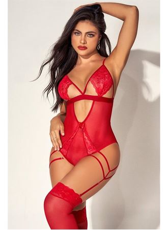 Kırmızı Tül Dantel Detaylı Fantezi Body Jartiyer Takım