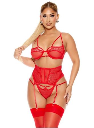 Fantezi File Tül Detaylı Kırmızı Jartiyer  Takım