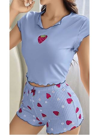 Çilek Desenli Mavi Seksi Pijama Takım