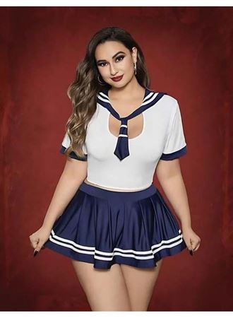 Büyük Beden Lacivert Mini Etekli Fantezi Denizci Kostümü