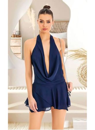 Lacivert Sırt ve Göğüs Dekolteli Fantezi Mini Elbise