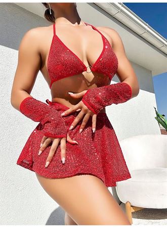 Kırmızı Parıltılı Eldivenli Etekli Fantezi Takım