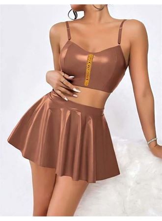 Kahverengi Etekli Fantezi Deri Şık Elbise