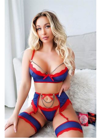 Mavi Kırmızı Zincir Detaylı Fantezi Sütyen Külot Jartiyer Takım