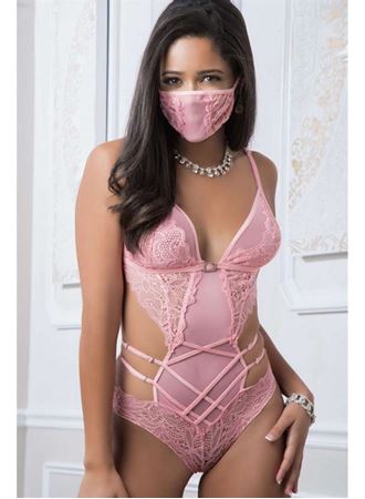 Pembe Dantel İşlemeli Maskeli Fantezi Body