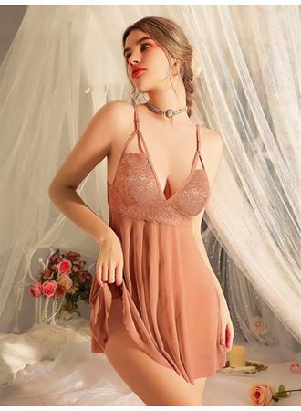 Dantel İşlemeli Tül Transparan Kahverengi Fantezi Gecelik