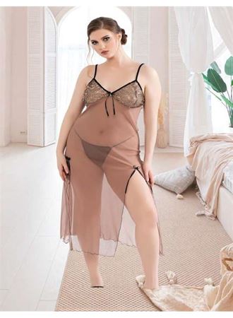 Büyük Beden Kahverengi Tül Fantezi Uzun Yırtmaçlı Gecelik