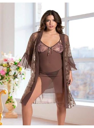Haki Transparan Dantel İşlemeli Tül Yırtmaçlı 2'li Gecelik Takımı