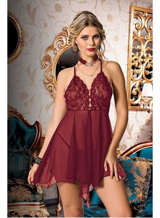 Bordo Dantel İşlemeli Boyundan Bağlamalı Fantezi Tül Gecelik