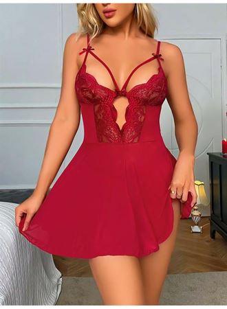 Bordo Dantel İşlemeli Göğüs İp Detaylı Fantezi Tül Gecelik Takımı