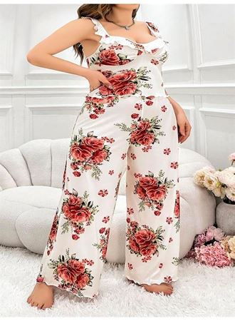 Büyük Beden Gül Desenli İnce Askılı Beyaz Salaş 2'li Takım