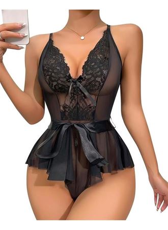 Siyah Dantel İşlemeli Kurdelalı Fantezi Tül Babydoll