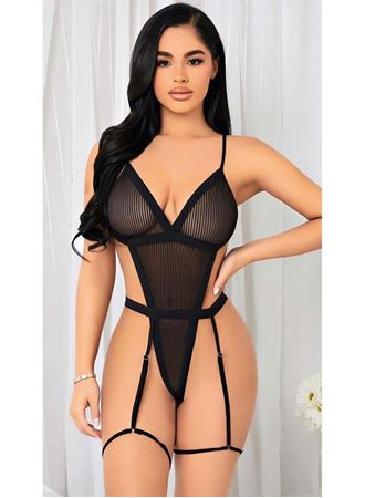 Siyah İp Detaylı Tül Fantezi Body