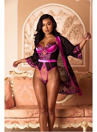 Fuşya Dantel İşlemeli Kalp Desenli Fantezi Gecelik Body Takımı