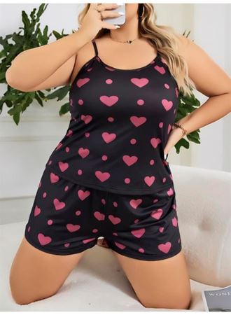 Büyük Beden Siyah Kalp Desen İnce Askılı Pamuklu Şortlu Pijama Takımı