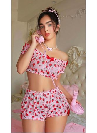 Pembe Çilek Desenli Şortlu Fantezi Sütyen Takımı