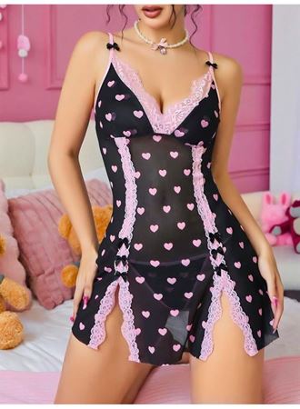 Siyah Kalp Desenli Dantel İşlemeli Fantezi Gecelik