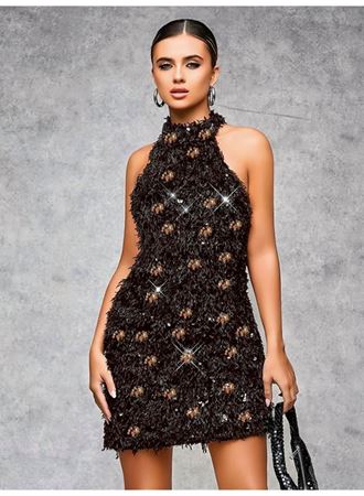 Özel Tasarım Gümüş Işıltılı Sırt Dekolteli Fantezi Mini Club Elbisesi