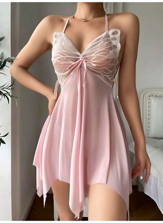 Pembe Kelebek İşlemeli Tül Fantezi Gecelik