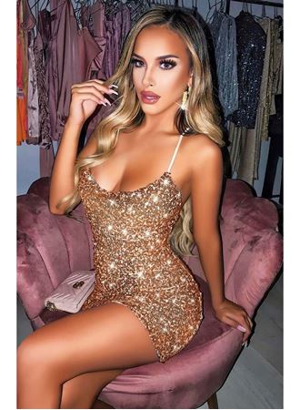 Özel Tasarım Gold Payetli Işıltılı Sırt Dekolteli Fantezi Mini Club Elbisesi