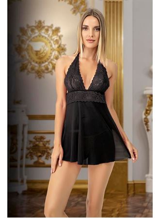 Siyah Dantel İşlemeli Boyundan Bağlamalı Fantezi Tül Gecelik Takımı