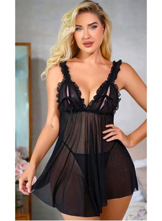 Sİyah Fırfırlı Göğüs Dekolteli Transparan Fantezi Tül Gecelik