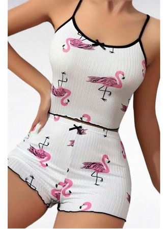 Pamuklu Beyaz Üstüne Pelikan Desen Fitilli Askılı Şortlu Pijama Takımı