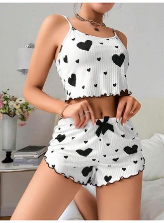 Pamuklu Beyaz Üstüne Siyah Kalp Desen Fitilli Askılı Şortlu Pijama Takımı