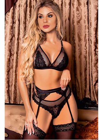 Siyah Dantel İşlemeli Fileli Fantezi Jartiyer Takımı