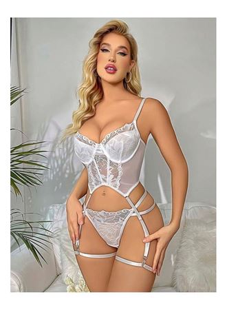 Transparan Beyaz Dantel İşlemeli Büstiyerli Jartiyer Takımı