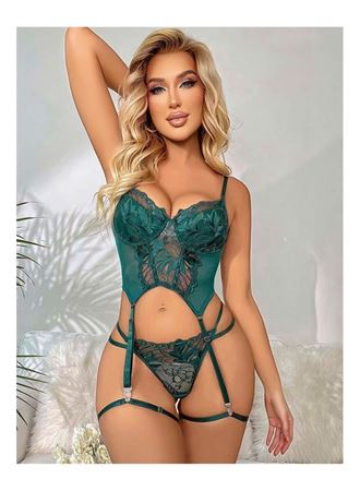Transparan Yeşil Dantel İşlemeli Büstiyerli Jartiyer Takımı