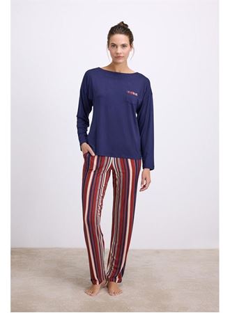 %100 Modal Lacivert Uzun Kollu T-Shirt ve Çizgili Pantolon Takımı