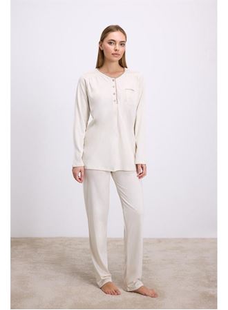 Fil Dişi Modal Pamuklu Uzun Kollu Düğmeli 2'li Pijama Takımı