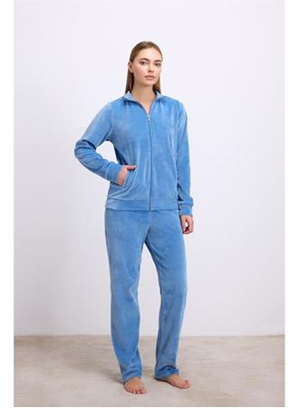 Uzun Kollu Fermuarlı Kadife Sweatshirt ve Pantolon Pijama Takımı