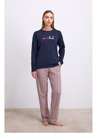 Rahat ve Şık %100 Pamuklu Uzun Kol Sweatshirt ve Ekose Pantolon Pijama Takımı