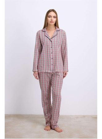 Pamuklu Uzun Kol Düğmeli Gömlek ve Ekose Pantolon Pijama Takımı