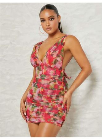 Çiçek Desenli Büzgülü Arkadan Bağlamalı Fantezi Elbise