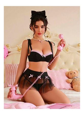 Transparan Siyah Kurdela Detaylı Fantezi Tül Etekli Sütyen Takımı