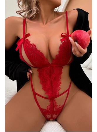 Fiyonklu Dantelli Kırmızı Fantezi Body