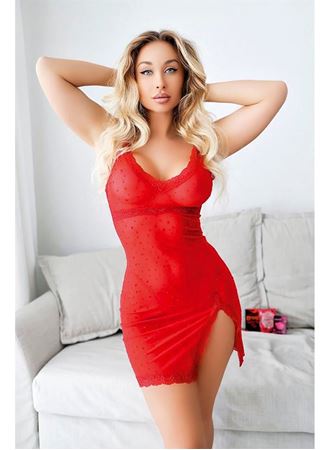 Kırmızı Dantel İşlemeli Yırtmaçlı Fantezi Gecelik