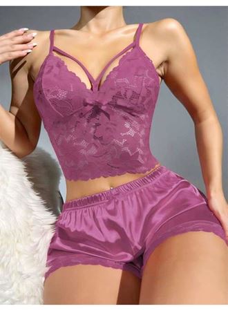 Dantelli Büstiyer İnce Askılı Lila Saten Şortlu Takım