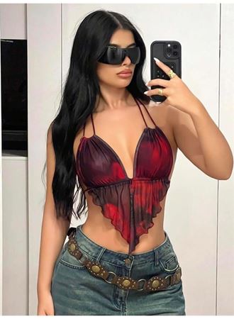 Kırmızı Siyah Desenli İnce Askılı Üçgen Kesim Crop