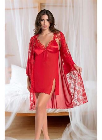 Transparan Dantel İşlemeli Tül Yırtmaçlı 2'li Kırmızı Gecelik Takımı