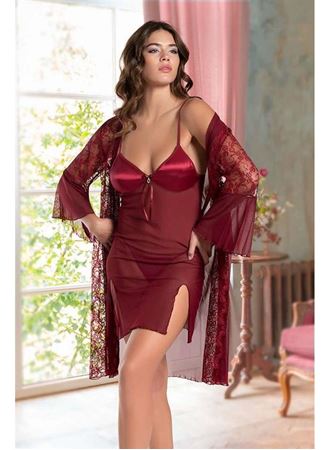 Bordo Transparan Dantel İşlemeli Tül Yırtmaçlı 2'li Gecelik Takımı