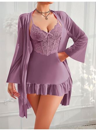 Özel Tasarım Dantel İşlemeli Fırfırlı Sabahlıklı 2'li Mor Gecelik Takımı